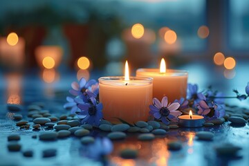 Candles Amongst Blue Flowers and Stones