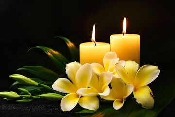Illuminated Candles with Yellow Frangipani Flowers