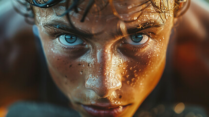 Determined person sweats, pushes limits in workout/run, motivating focus on fitness goals.