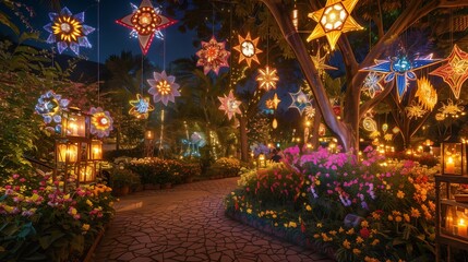 In the heart of Diwali festivities, a garden bursts into full bloom under the canopy of a starry night.