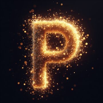 Golden glowing letter "P" isolated against a black background. Gold glitter alphabet set. Glowing dust particles. Sand burst with sparkling magical bokeh glow. Fantasy ethereal letter from A to Z