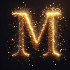 Golden glowing letter "M" isolated against a black background. Gold glitter alphabet set. Glowing dust particles. Sand burst with sparkling magical bokeh glow. Fantasy ethereal letter from A to Z