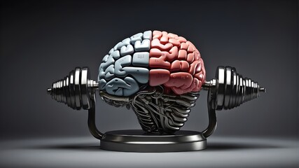 A steel-encased human brain raising a large dumbbell. The idea of mind training