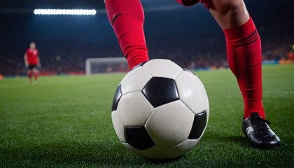 Close-up of a soccer ball with a player about to kick it, in front of a football stadium, Euro 2024 Championship