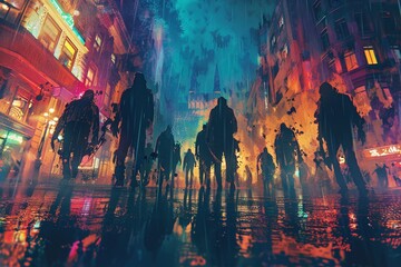 Several zombies descending on a neonlit downtown area, reflection on wet streets adding to the eerie night setting, for a cinematic horror look , impressive cubism art style