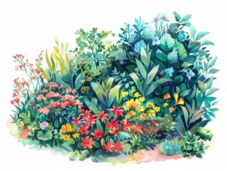 A lush garden in full bloom captivates all who wander through, minimal watercolor style illustration isolated on white background