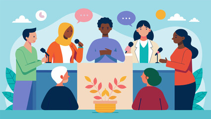 A panel discussion led by activists and community leaders focusing on current social justice issues and ways to create meaningful change.. Vector illustration