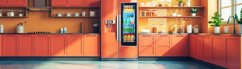 Demonstration of a refrigerator with a builtin smart screen that tracks groceries, suggests recipes, and orders food online, set in a wellorganized kitchen , Pop art style
