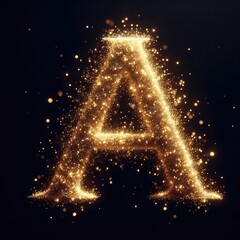 Golden glowing letter "A" isolated against a black background. Gold glitter alphabet set. Glowing dust particles. Sand burst with sparkling magical bokeh glow. Fantasy ethereal letter from A to Z