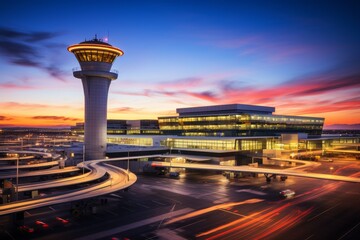 A Majestic View of a Modern Airport Control Tower at Sunset, with Planes Taking Off and Landing in the Background - obrazy, fototapety, plakaty