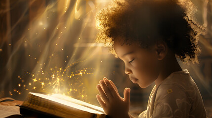 An Afro Child Praying with a Bible: Connecting with God's Word, devotion belief divine gospel