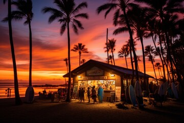A Vibrant Beachfront Surf Shop at Sunset, with Palm Trees Swaying in the Breeze and Surfers Heading Home after a Day in the Waves