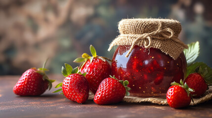 Glass jar filled with strawberry jam and strawberries on side of jar, topped with a burlap cloth tied with a piece of twine - Powered by Adobe