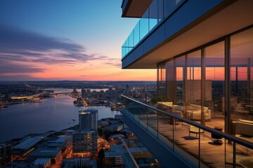 A Panoramic View of the Ocean from the Luxurious Penthouses of a Modern High-Rise Building at Sunset