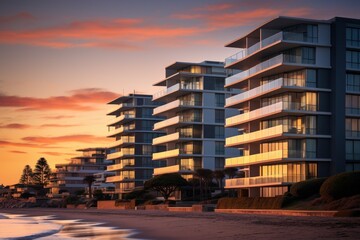 A Vibrant Display of Modern Architecture: Beachfront Condos Bathed in the Warm Glow of a Setting Sun, Reflecting off the Calm Ocean Waves