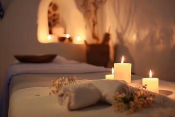 Soft-Lit Spa Scene with Candles and Rolled Towels