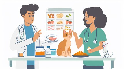 Pet Nutrition Detailed illustration of a veterinarian consulting with a pet owner pointing to a chart of balanced pet diets and nutritional foods displayed on a table educational and informative