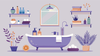 A vintageinspired bath setup with a clawfoot tub framed by a wreath of dried lavender and shelves of essential oils and plantbased skincare products..