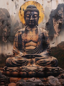 Generative AI : the holy Buddha adorning garden scenery.