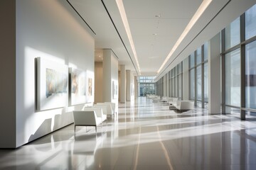 A Long, Pearl-White Office Hallway Illuminated by Soft, Natural Light with Sleek Modern Furniture and Abstract Artwork on the Walls