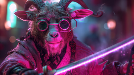 goat with a neon sword in his hands