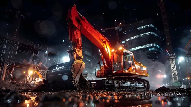 Excavator moving soil at night on construction site heavy machinery in action. Concept Excavator operation, Construction site photos, Nighttime work, Heavy machinery action, Earthmoving equipment