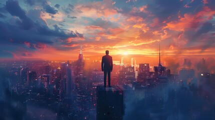 Fototapeta premium Silhouetted against the vibrant glow of sunset, a man stands atop a skyscraper, contemplating the sprawling cityscape as day gives way to night.