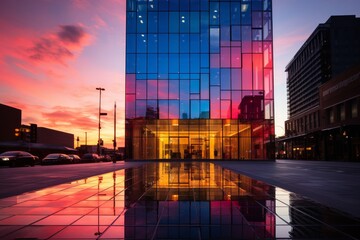A Majestic Glass Skyscraper Reflecting the Bustling City Life and Vibrant Sunset Colors in Its...