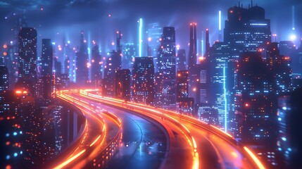 Fototapeta na wymiar Futuristic neon lights craft a vivid tapestry of motion, with elevated highways weaving through a dynamic cityscape under a starlit sky.