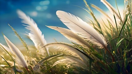 Fields of grass on the titanic boat adorned with marvelous mystery, featuring bird feathers, intricate patterns, and delicate swaying. Sunlight shines from the left, creating a stunningly realistic an