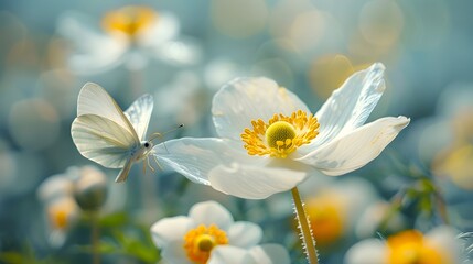 A gentle butterfly sits atop the vibrant center of a white daisy, with a bokeh of light creating a dreamy backdrop that enhances this serene moment.