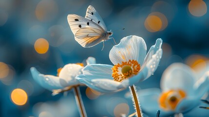 Obraz na płótnie Canvas A gentle butterfly sits atop the vibrant center of a white daisy, with a bokeh of light creating a dreamy backdrop that enhances this serene moment.