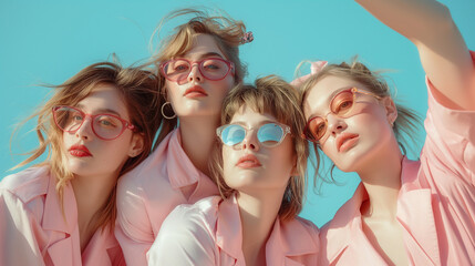 attractive female models in pink dresses posing on blue background