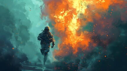 A digital painting captures a bold soldier striding from a massive explosion, embers and debris scattering around him, Digital art style, illustration painting.