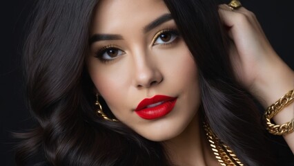Fototapeta premium Promotional photo of lipstick. Girl, red lips, long dark hair, dark background.