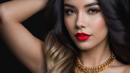 Promotional photo of lipstick. Girl, red lips, long dark hair, dark background. - obrazy, fototapety, plakaty
