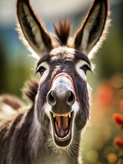 Fototapeta premium a portrait of a donkey laughing heartily, AI generated