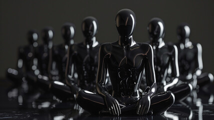 
A row of black statues of people standing in a line. The statues are all the same size and shape, and they are all facing the same direction. The image has a monochromatic color scheme
