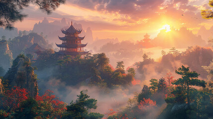 beautiful landscape of a Chinese temple in the middle of the forest.