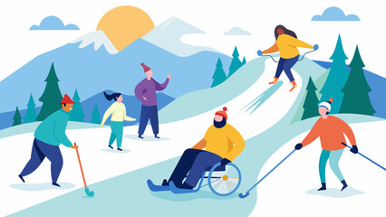 An adaptive skiing program where individuals with physical disabilities are assisted by trained volunteers giving them the opportunity to enjoy the. Vector illustration
