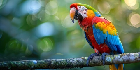 Colorful parrot sitting on a branch among the lush vegetation of a tropical forest