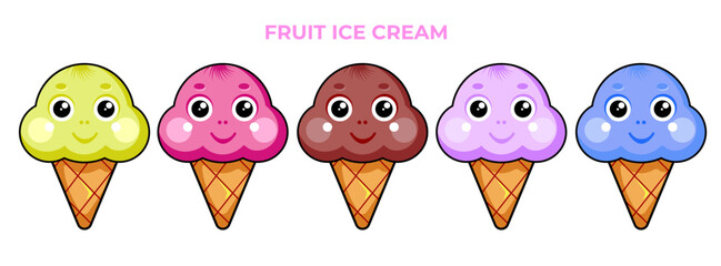 Cartoon ice cream. Sweet fruit ball ice cream with muzzles. 
A set of vector images.