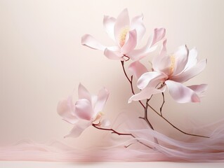 Light pink magnolia flowers on a beige background. The petals are soft and delicate, and the image has a dreamy, ethereal quality.