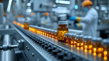 Workers inspecting pharmaceutical production line at factory with machines and glass bottles. Concept Pharmaceutical Production, Factory Inspection, Machinery, Glass Bottles, Worker Safety