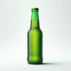 Green beer bottle with condensation drops on a white background, Generative Ai.