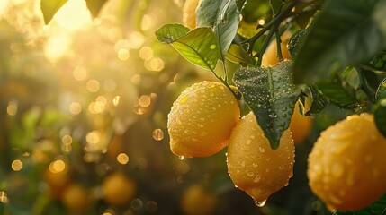 Sunlit orchard with ripe golden lemons and vibrant green leaves in a close-up view, drenched in soft morning light.