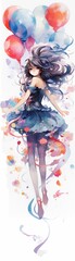 Fototapeta premium A girl with dark hair and blue eyes in a blue dress is holding a bunch of balloons. She is surrounded by colorful confetti.
