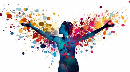 A woman standing with her arms outstretched, surrounded by a colorful explosion of paint