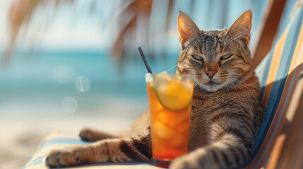 A cat is laying on a beach chair with a drink in front of it. The cat appears to be relaxed and enjoying its time