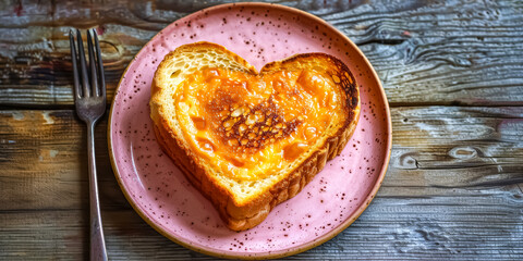 Grilled cheese sandwich in the shape of a heart on a pink plate, top view, flat lay